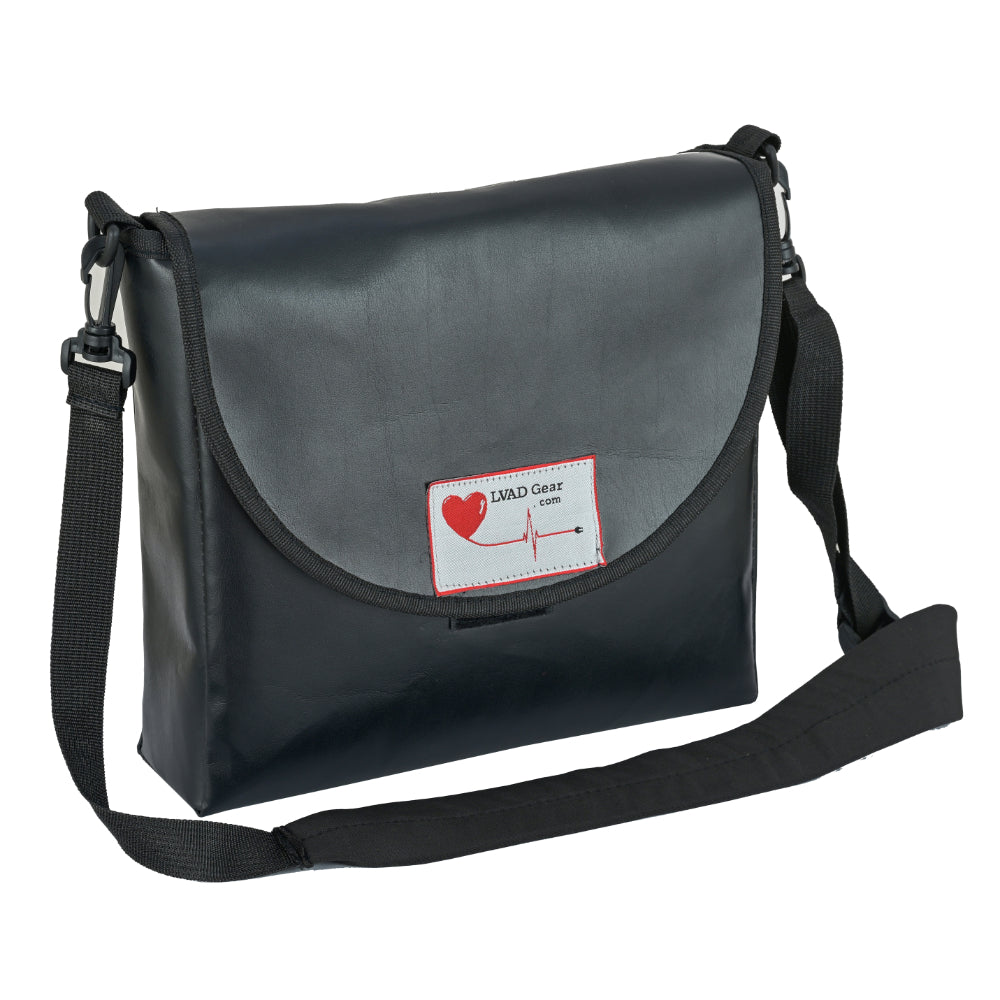 Black vinyl LVAD messenger bag with secure pockets, elastic battery holders, spandex strap, and quick-release buckles.